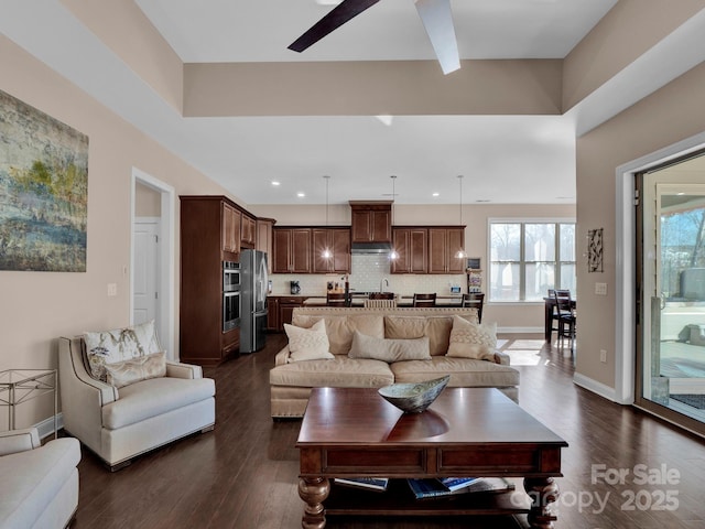 living room featuring dark wood-type flooring