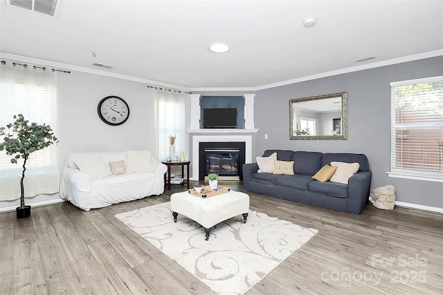 living room featuring light hardwood / wood-style floors and crown molding