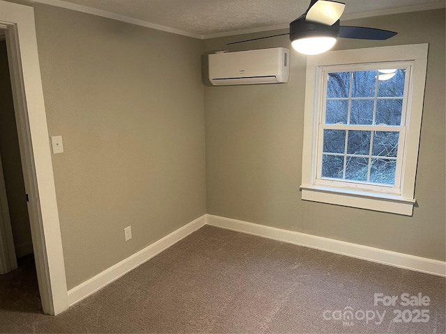 carpeted empty room featuring ceiling fan, ornamental molding, a textured ceiling, and an AC wall unit