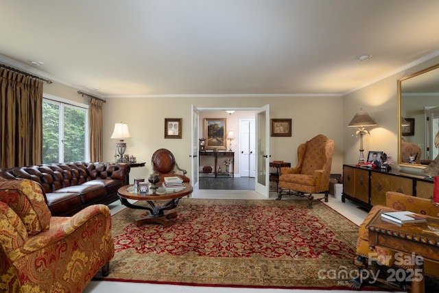 living room with crown molding