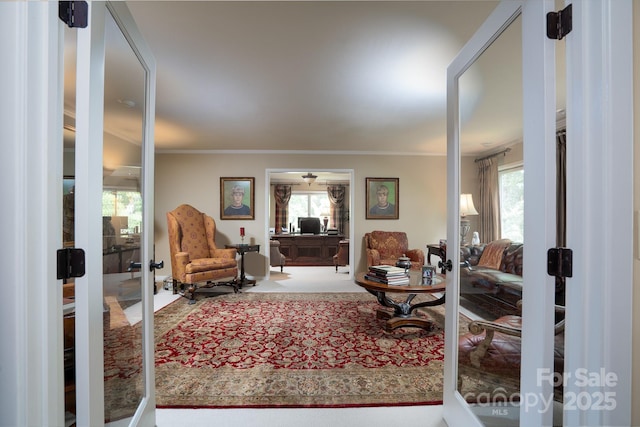 living room featuring french doors and ornamental molding