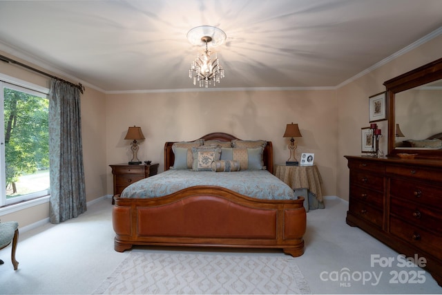 carpeted bedroom with crown molding and a notable chandelier