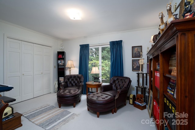 sitting room with carpet and ornamental molding