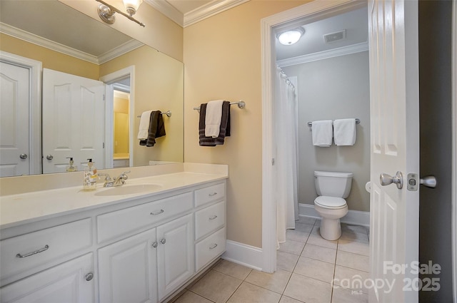 bathroom featuring crown molding, toilet, tile patterned floors, and vanity