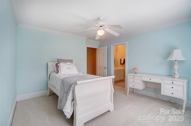 bedroom featuring light carpet, ornamental molding, ceiling fan, and ensuite bathroom