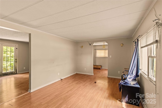 spare room featuring ornamental molding and light wood-type flooring