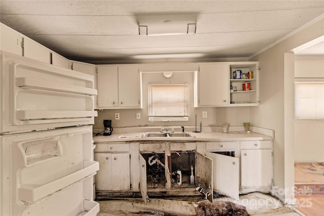 kitchen featuring white cabinetry, fridge, crown molding, and sink