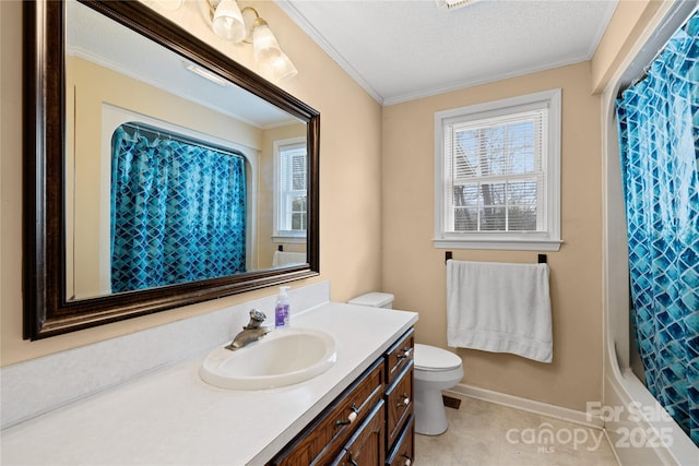 full bathroom featuring toilet, crown molding, vanity, a textured ceiling, and shower / tub combo with curtain