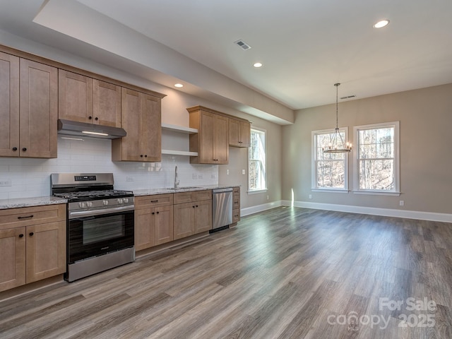 kitchen featuring under cabinet range hood, a sink, wood finished floors, appliances with stainless steel finishes, and backsplash