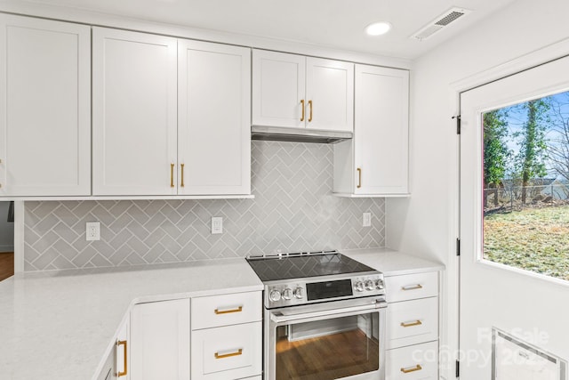 453 Riverview Dr, Asheville, NC 28806 - kitchen with white cabinetry, decorative backsplash, and stainless steel electric range oven
