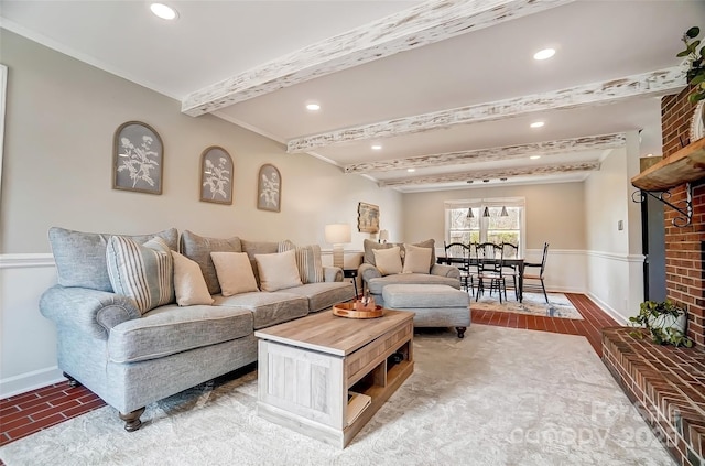 living room with beam ceiling, recessed lighting, and baseboards