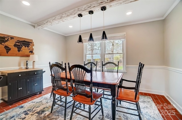 dining area featuring beam ceiling, recessed lighting, baseboards, and ornamental molding