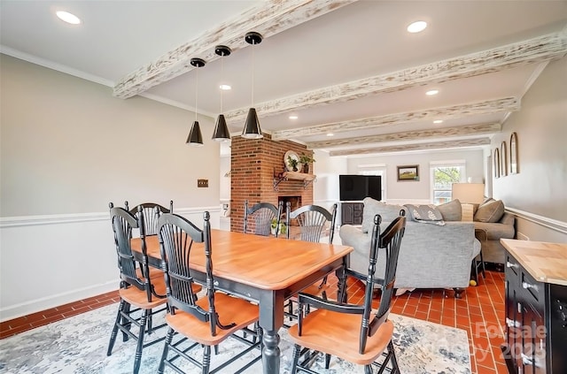 dining area with recessed lighting, beamed ceiling, baseboards, and ornamental molding