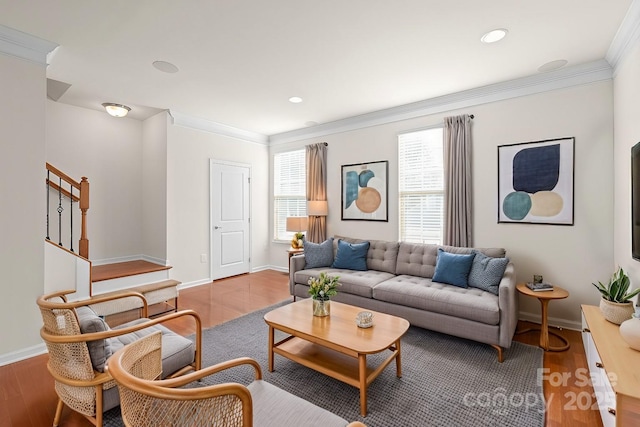 living room featuring wood-type flooring and crown molding