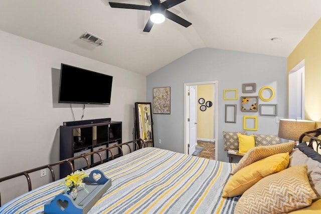 bedroom featuring ceiling fan and vaulted ceiling