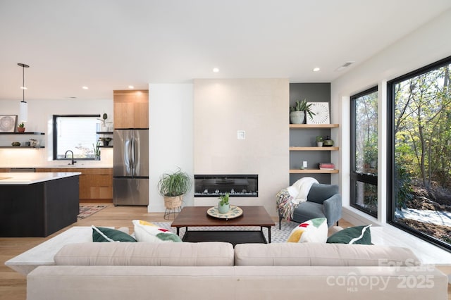 living room featuring a large fireplace, light hardwood / wood-style floors, sink, and built in shelves