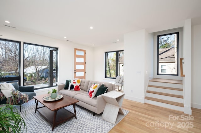 living room featuring a healthy amount of sunlight and light hardwood / wood-style floors