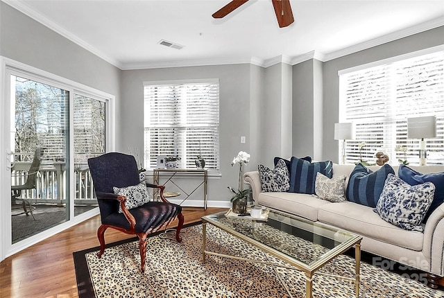 living room featuring hardwood / wood-style floors, plenty of natural light, and crown molding