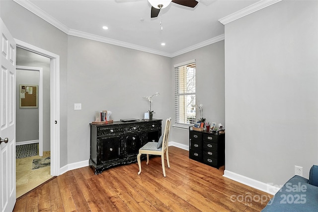 office space with ceiling fan, hardwood / wood-style floors, and crown molding