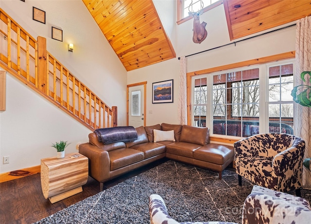 living room featuring wood-type flooring, wooden ceiling, and high vaulted ceiling