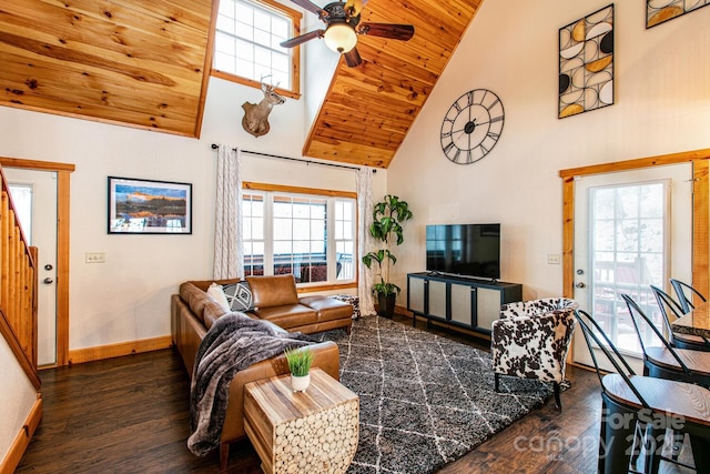 living room featuring ceiling fan, a healthy amount of sunlight, dark hardwood / wood-style floors, and wooden ceiling