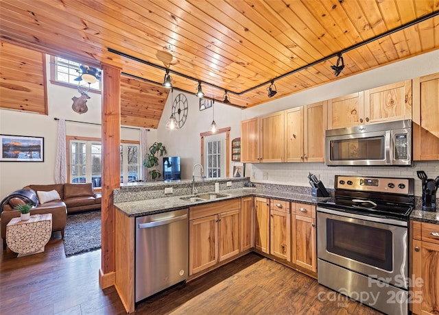 kitchen with stainless steel appliances, tasteful backsplash, sink, and wood ceiling