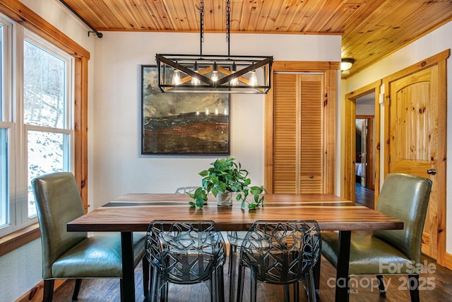 dining space featuring wood ceiling and a chandelier