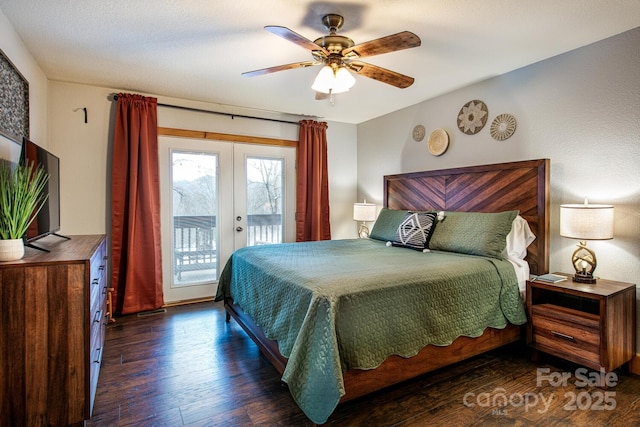 bedroom featuring ceiling fan, access to outside, dark hardwood / wood-style flooring, and french doors