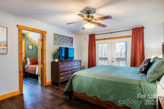 bedroom featuring dark wood-type flooring, access to outside, french doors, and ceiling fan