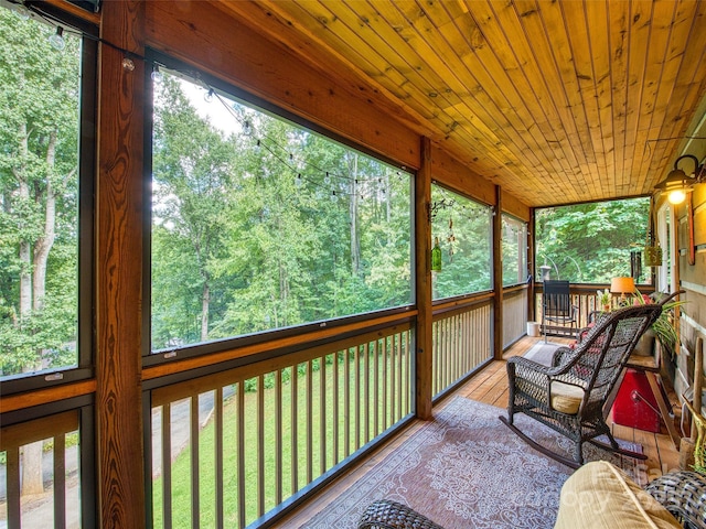 sunroom / solarium featuring plenty of natural light and wooden ceiling