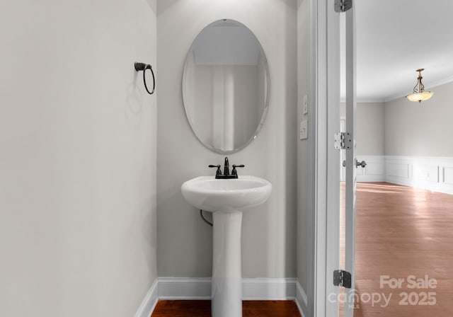 bathroom featuring hardwood / wood-style floors and ornamental molding