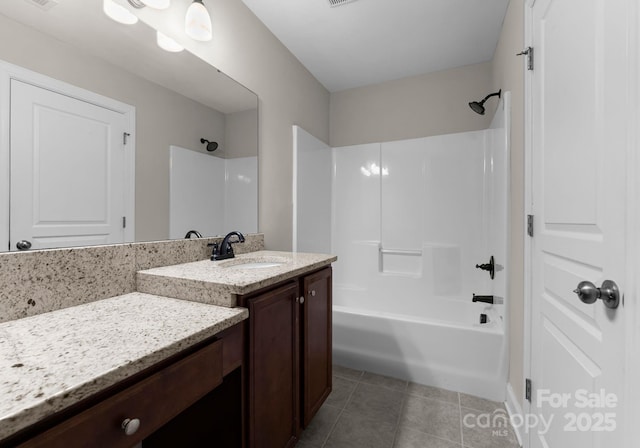 bathroom featuring shower / bathtub combination, vanity, and tile patterned flooring