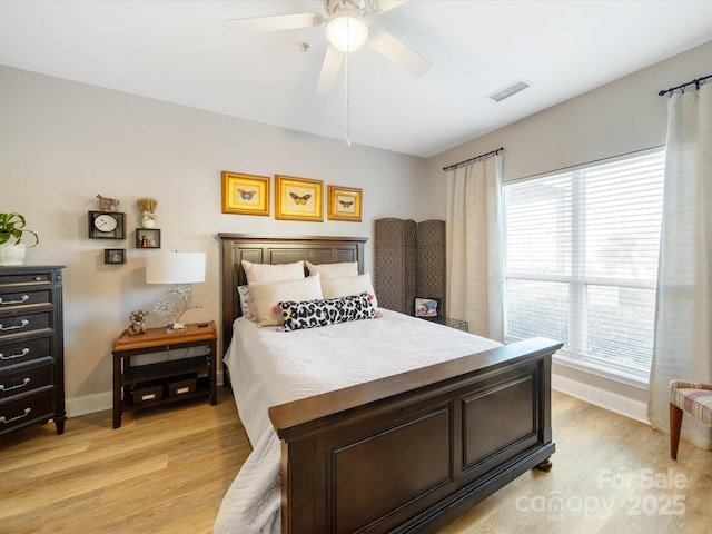 bedroom featuring light wood-style flooring, visible vents, ceiling fan, and baseboards