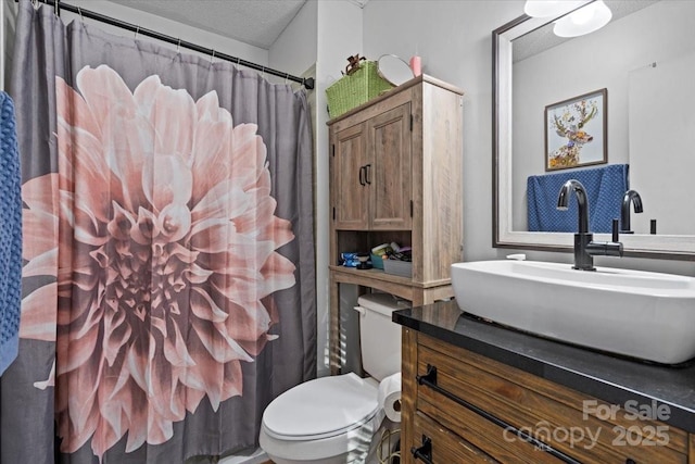 bathroom featuring toilet, vanity, and a textured ceiling