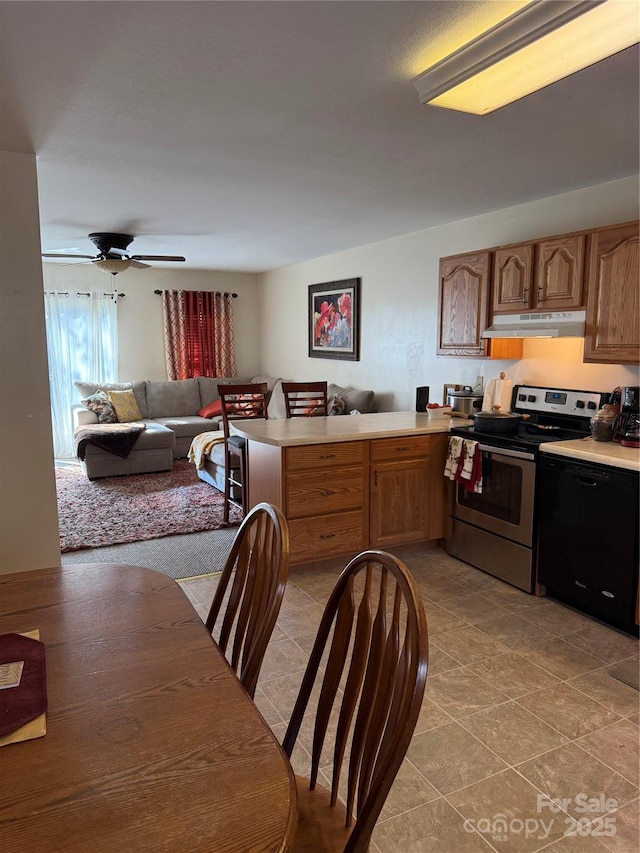 kitchen with ceiling fan, black dishwasher, kitchen peninsula, and stainless steel range with electric cooktop