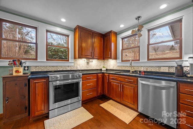 kitchen with ornamental molding, appliances with stainless steel finishes, dark hardwood / wood-style floors, and sink