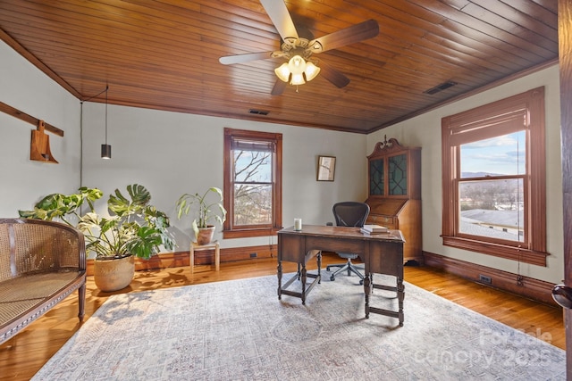 office featuring ceiling fan, ornamental molding, wooden ceiling, and light wood-type flooring