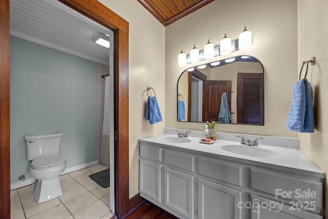 bathroom featuring crown molding, vanity, tile patterned flooring, and wooden ceiling