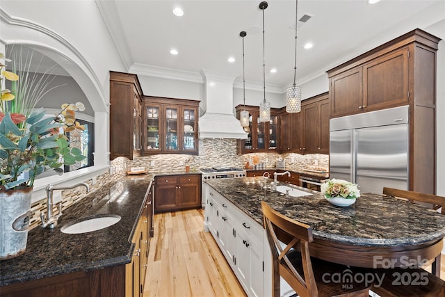 kitchen with premium appliances, sink, hanging light fixtures, and custom range hood