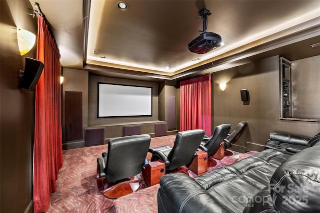 carpeted cinema featuring a tray ceiling