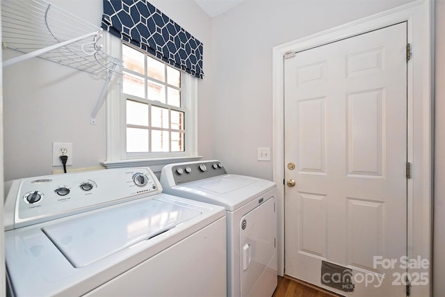 laundry area featuring washer and dryer and dark hardwood / wood-style floors