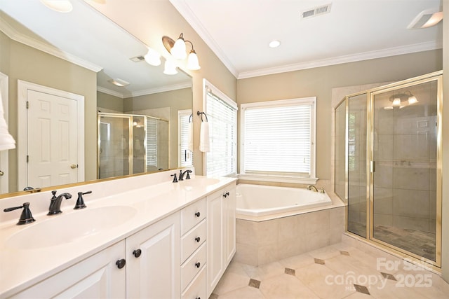 bathroom featuring tile patterned flooring, shower with separate bathtub, vanity, and ornamental molding