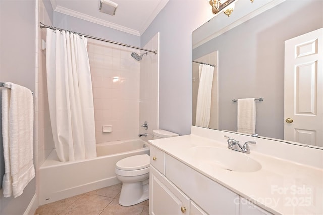 full bathroom with tile patterned floors, crown molding, shower / bath combination with curtain, toilet, and vanity