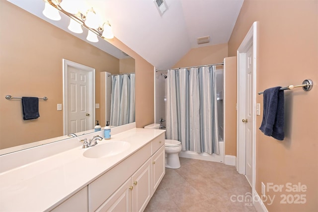 full bathroom featuring vanity, lofted ceiling, tile patterned flooring, toilet, and shower / bathtub combination with curtain