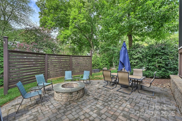 view of patio / terrace with a fire pit