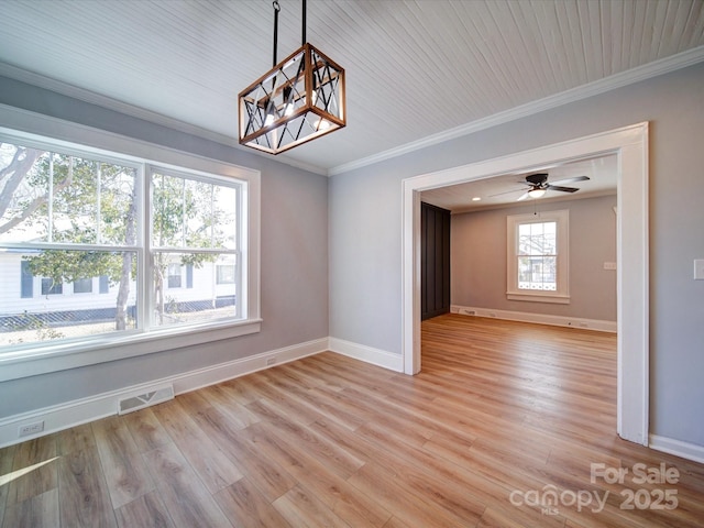 unfurnished dining area featuring ornamental molding, wood ceiling, and light wood-type flooring