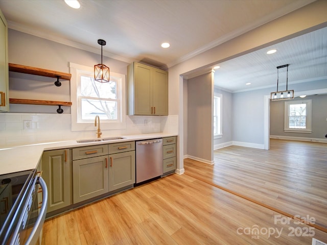 kitchen with pendant lighting, sink, stainless steel dishwasher, and decorative backsplash