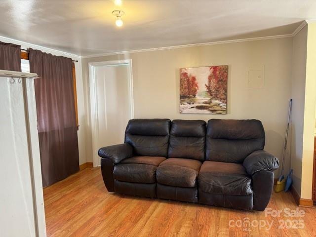 living room featuring light hardwood / wood-style flooring and ornamental molding