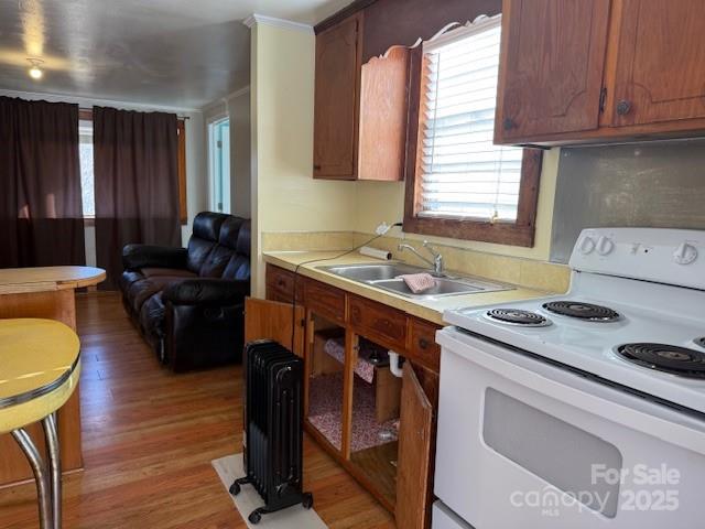 kitchen featuring white range with electric cooktop, sink, and hardwood / wood-style flooring