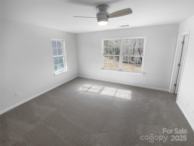 carpeted spare room with a wealth of natural light and ceiling fan